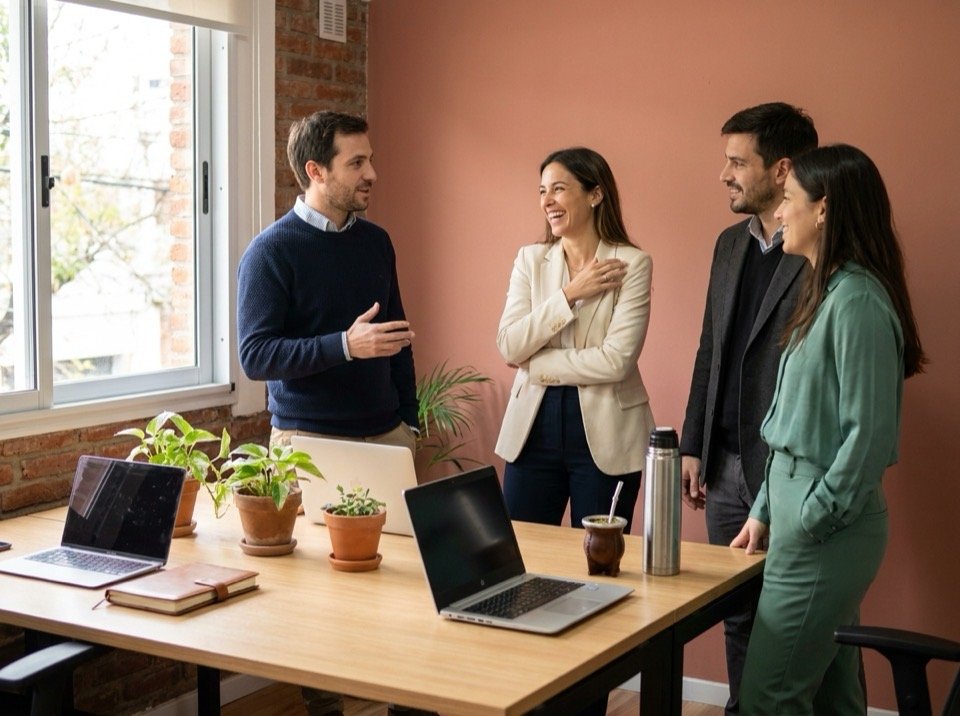 Un equipo de trabajo conversando en una oficina