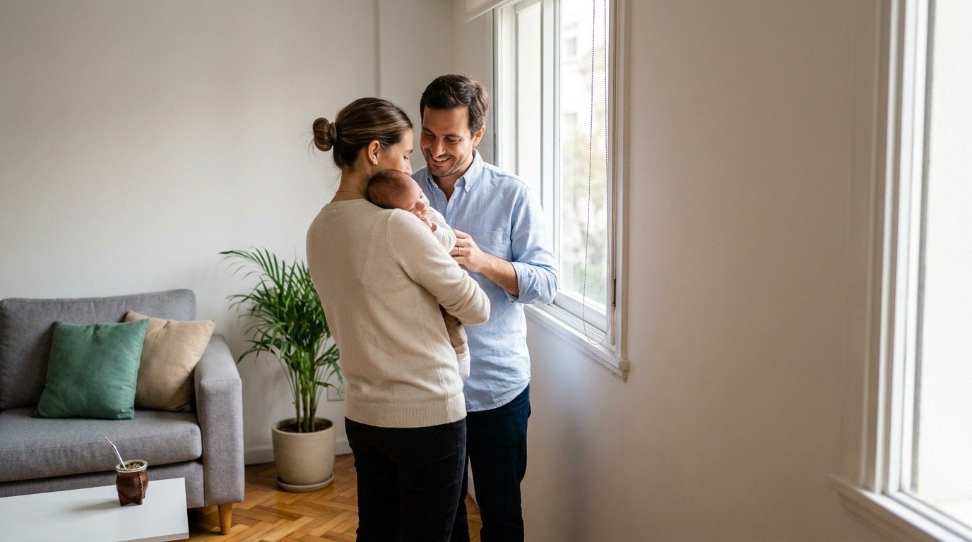 Una pareja con su bebé en brazos, en el living de su casa
